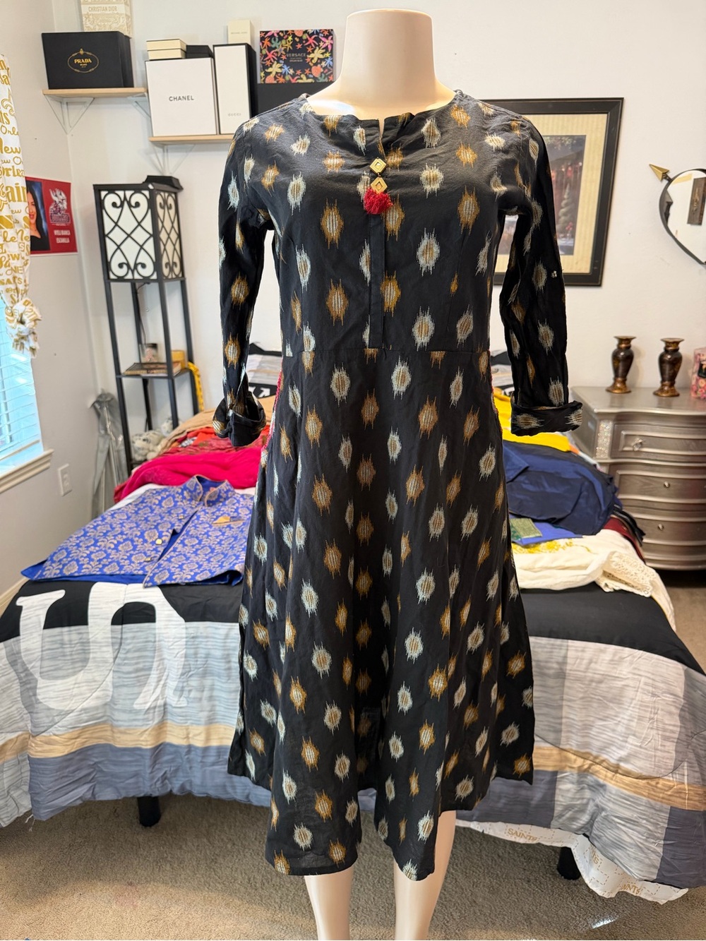 Pakistani Black & Gold Ikat Print Kurta with Embellished Neckline